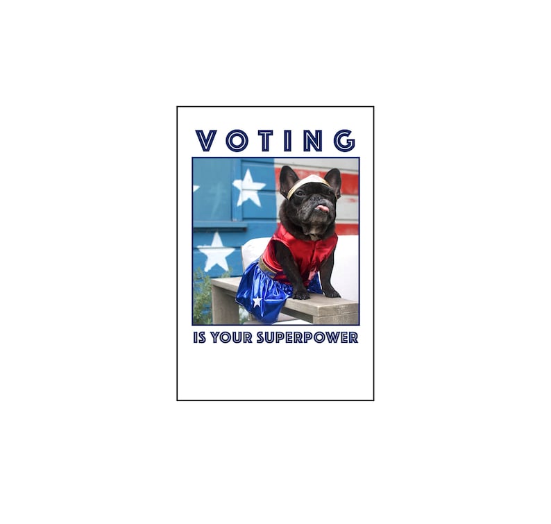 May include: A black French Bulldog wearing a red and blue superhero costume with a gold headband. The text "VOTING IS YOUR SUPERPOWER" is displayed above and below the dog.
