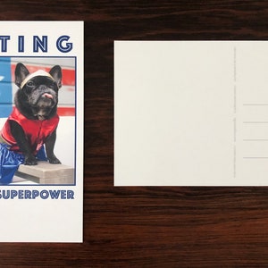 May include: A postcard featuring a black French Bulldog dressed in a superhero costume. The dog is wearing a red vest and blue skirt with a white star. The text "VOTING IS YOUR SUPERPOWER" is printed on the card.