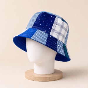Handmade Blue Square Patchwork Bucket Hat, Quilted Cotton Sun Hat, Unique Fabric Patchwork Hat, Casual Summer Gift