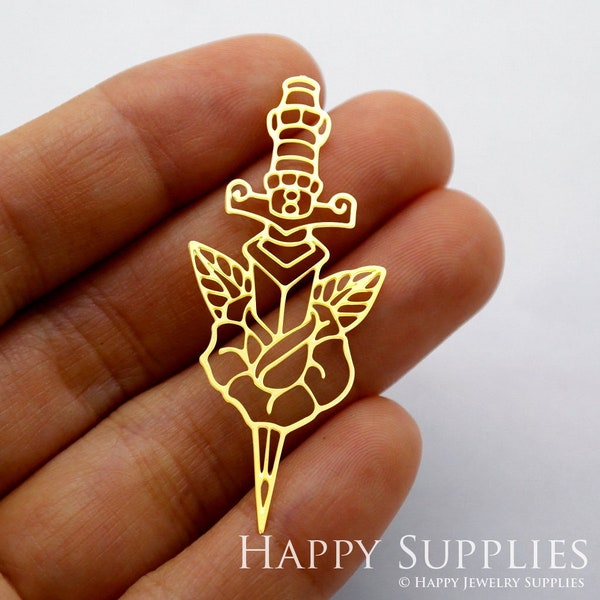 Raw Brass Sword Charms  Pendants,  DIY Geometric Sword Necklace, Sword Brooch, Flower Earrings (RD1730)