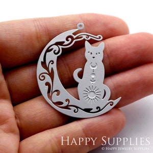 Cat Etched Stainless Steel Charms, Corroded Moon Steel Charms, Stainless Steel Jewelry Supplies, DIY Necklace, Earrings (SSB254)