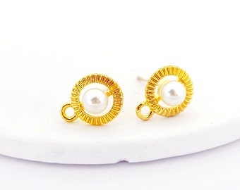 10pcs Gold Pearl Circle Earring Stud, Earring Connector, Pearl Earring Studs/Posts, Crystal Earrings, Jewelry Supplies (KE237-B)