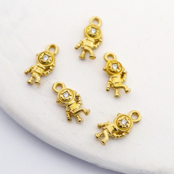 Brass Crescent Astronaut Charms - Raw Brass Mini Crescent Astronaut Earring Charm with Zircon - Brass Pendant (NZG276)