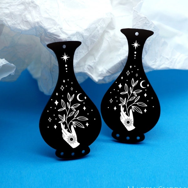 Black Acrylic Earrings - Charms - Flower Vase Earring Charms - Hand Acrylic Pendants - Earring Findings - Jewelry Supplies (BAP133)