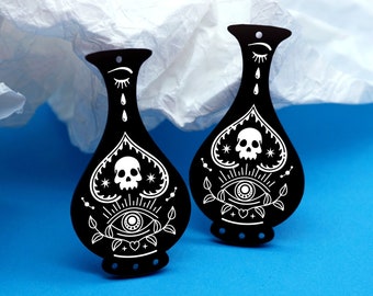 Schwarze Acryl Ohrringe - Charms - Blumenvase Ohrring Charms - Totenkopf Knochen Acryl Anhänger - Ohrring Zubehör (BAP149)