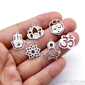 12pcs(1set) Buddha Etched Stainless Steel Charms, Yoga Meditation Charms Pendant,Namaste Zen Chakra Lotus Charms,Jewelry Supplies (SSB807)