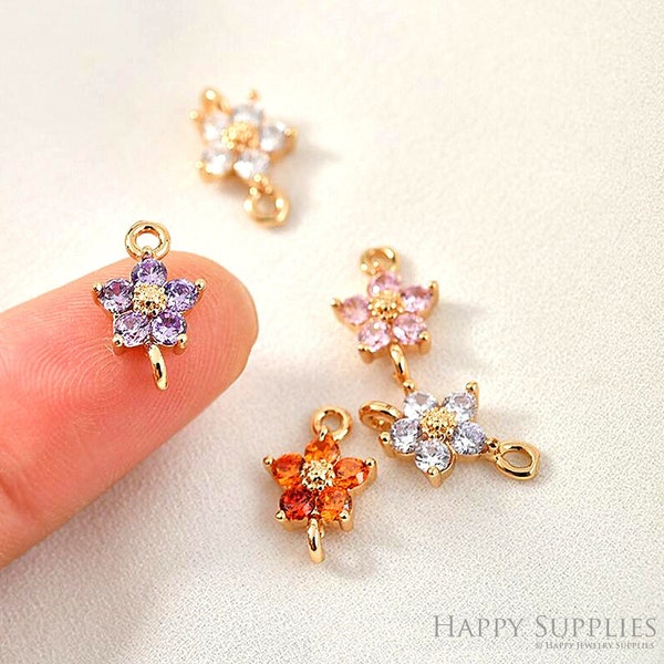 10pcs Real 14K Gold Flowers Shape Zircon Connector Charm, Birthstone Charms Earring Necklace,Sakura Earring Pendant Charm Wholesale (TR-221)