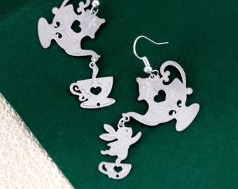 4 Stück (1 Set) Teekanne geätzte Edelstahl Charms, Tasse korrodierte Charms, Edelstahl Schmuck Zubehör, DIY Halskette, Ohrringe (SSB706)