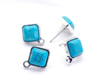 10pcs Antique Silver Turquoise Earring Stud, Earring Connector, Square Earring Studs/Posts, Earrings,Jewelry Supplies 10x10mm (KE224)