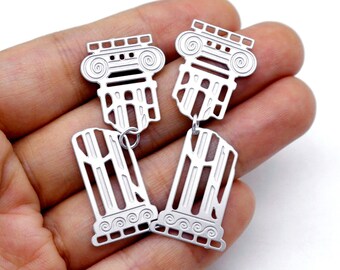 4 stks (1 set) antieke Griekse geëtste roestvrijstalen bedels, gecorrodeerde geometrie bedels, Romeinse pilaar sieraden benodigdheden, ketting, oorbellen (SSB794)