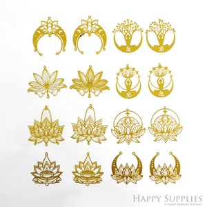 May include: A set of 12 gold-toned metal earring blanks featuring various designs, including lotus flowers, trees, and moons. The blanks are perfect for creating custom earrings.