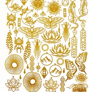 May include: A set of gold-toned metal charms featuring various designs, including butterflies, suns, moons, flowers, mountains, and geometric shapes. The charms are arranged on a white background. RHDO77 is printed in the bottom left corner.