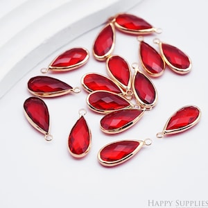 20pcs Gold Plated Teardrop Charm, Tiny Mini Glass Charm, Teardrop Birthstone Charm, Red Teardrop, Quality Jewelry Supply (TR-152)