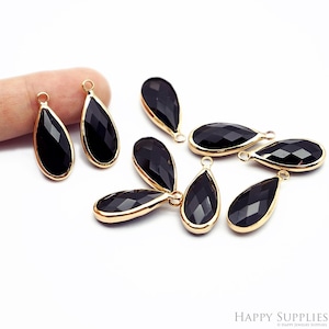 20pcs Gold Plated Teardrop Charm, Tiny Mini Glass Charm, Teardrop Birthstone Charm, Black Teardrop, Quality Jewelry Supply (TR-152)