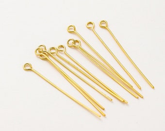 100Pcs 18K Gold Eye Pins – 18K Gold Wire with loop - Gold/ Rhodium plated Brass Eyepins– Solid Beading eyepins - Jewelry Supplies (ZG345-G)