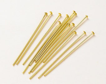 100pcs 18K Gold Head Pins - Rhodium plated Brass Flat Head Pin ,High Quality Long Raw Brass Headpin - Earrings Findings (ZG344-G)
