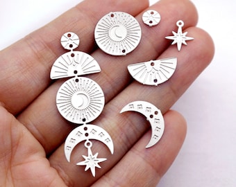 10pcs(1set) Etched Stainless Steel Sun Charms, Corroded Moon Charms, Star Charms, Pendant, Jewelry Supplies, Earrings Findings (SSB866)