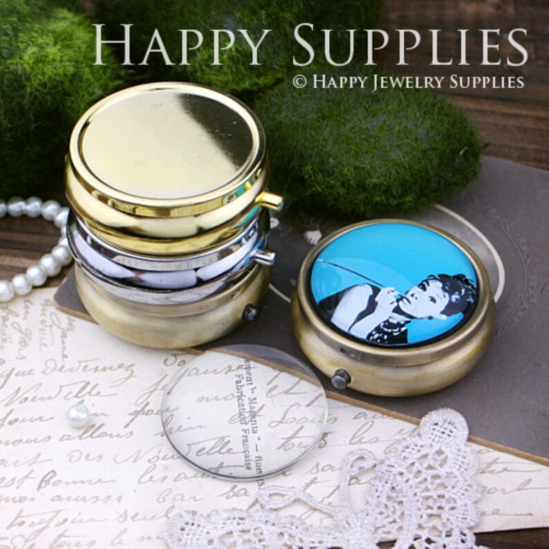 1Pcs 50mm Round Blank Brass Pill Case / Jewelry Box with Glass Etsy