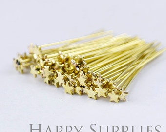 50pcs Nickel Free - 33mm Long  Raw Brass Star End Headpin (ZZ133-R)