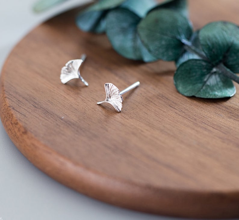 Stud Earrings,Sterling Silver Stud Earrings,Tiny Stud Earrings, Minimalist Earrings, Earrings Studs, Earring Findings,Ginkgo EarringsZE269 zdjęcie 1