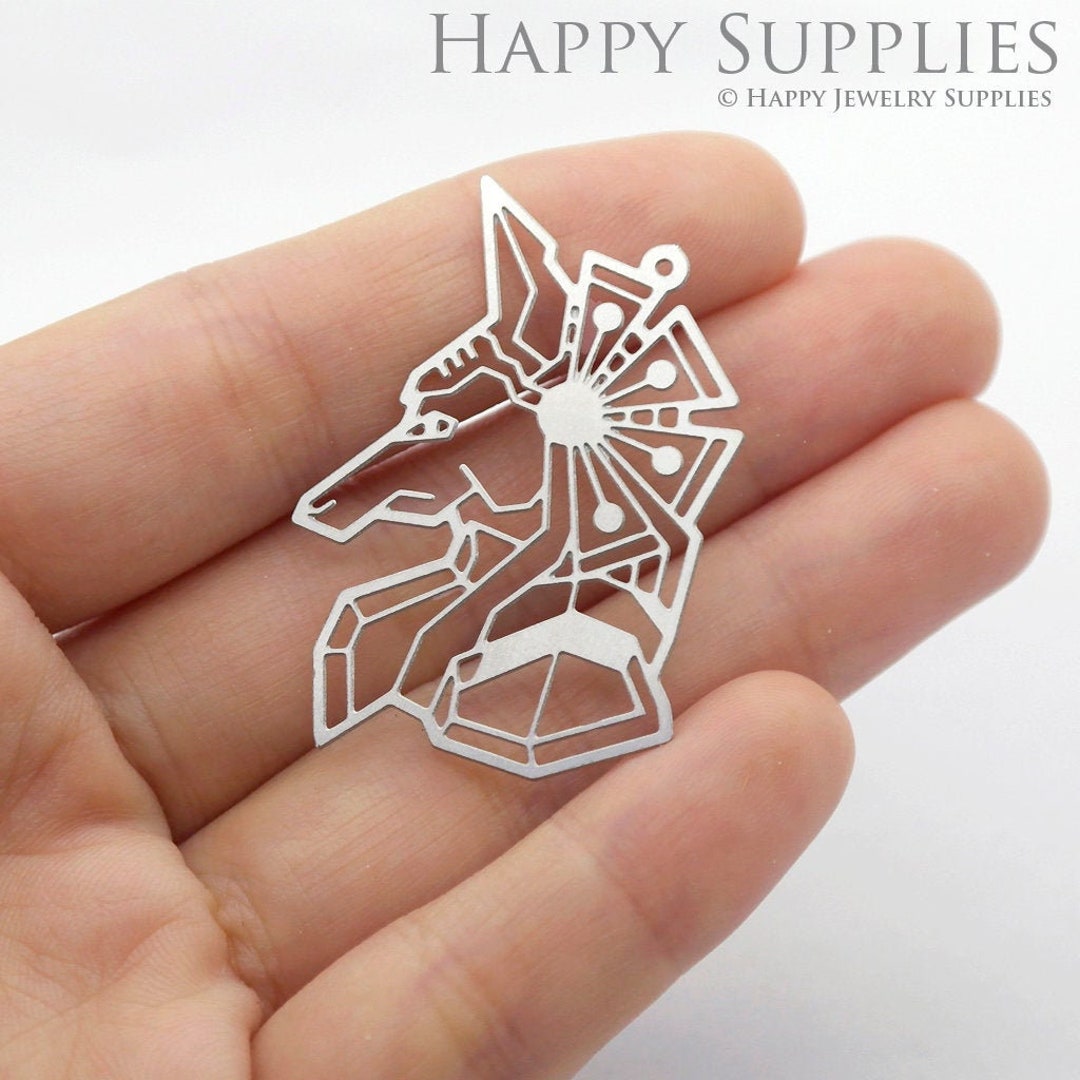 Hand Etched Stainless Steel Charms, Corroded Geometry Charms, Wolf