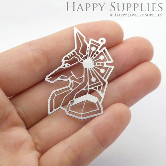 Hand Etched Stainless Steel Charms, Corroded Geometry Charms, Wolf