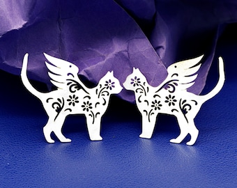 Stainless Steel Cat Charm, Cat with Wing Pendant, Cat Earring Charm, Earrings Findings Necklaces, Animal Charms, Jewelry Supplies (SSD2708)