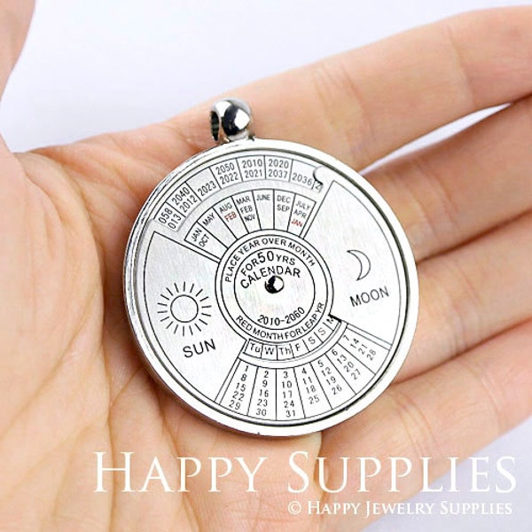 1pc 43mm 50 Year Perpetual Calendar Pendant, Silver, Really WORKS, Nautical, Vintage Jewelry Supplies (DT006)