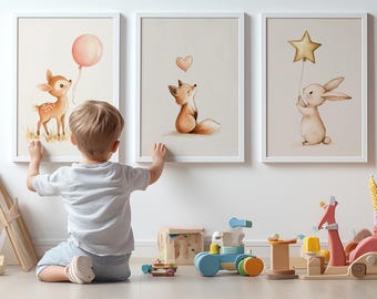 Woodland Nursery Animal Prints - Fox, Rabbit, Deer - Baby Room Wall Art - Printable Digital Download - Gender Neutral Decor
