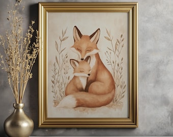 Vintage Fox Family Wall Art, Woodland Nursery Print, Cute Fox Illustration, Baby Animal Digital Download, Mother and Baby Fox Decor