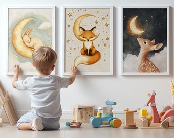 Moonlit Animal Bundle | Rabbit Fox Deer Nursery Art Prints | Digital Download | Cute Animal Wall Art for Kids Room | Whimsical Moon