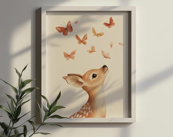 Vintage Deer Butterfly Print, Woodland Animal Nursery Art, Boho Nature Illustration, Digital Printable, Fawn and Butterfly Wall Decor
