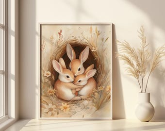 Vintage Bunny Family Wall Art, Woodland Rabbit Nest Print, Baby Animal Nursery Decor, Cute Bunny Printable, Digital Download
