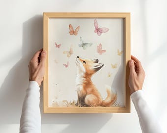 Vintage Fox Butterfly Nursery Wall Art | Watercolor Woodland Animal Print | Cute Baby Room Decor | Digital Download | Fox Illustration