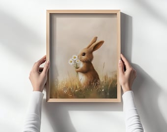 Vintage Bunny Flower Print, Woodland Rabbit Nursery Art, Cute Animal Illustration, Digital Printable, Nature-Inspired Kids Wall Decor
