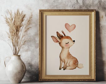 Vintage Deer Love Print, Woodland Baby Animal Nursery Art, Cute Fawn and Heart Illustration, Digital Printable, Kids Room Decor