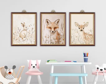 Vintage Animal Nursery Wall Art Bundle | Bunny, Deer & Fox Digital Prints | Woodland Creature Illustrations | Nature Wall Decor for Kids