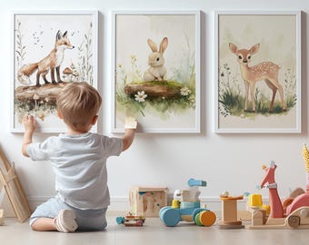 Woodland Fox, Bunny & Deer Wall Art | Printable Nursery Decor | Kids Room Wall Prints | Digital Download | Baby Shower Gift