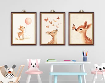 Vintage Deer and Butterfly Nursery Wall Art Bundle | Woodland Animal, Baby Room Decor, Gender Neutral Printable Art, Digital Download