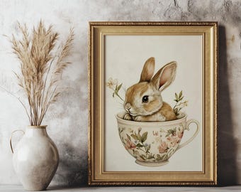Vintage Bunny Teacup Wall Art, Cute Rabbit Printable, Woodland Baby Animal Decor, Floral Nursery Print, Digital Download, Cottagecore Bunny