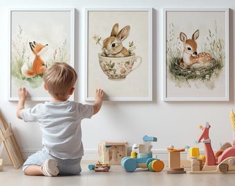 Fox, Deer & Rabbit Bundle - Vintage Watercolor Animal Prints, Nature Wall Art, Nursery Decor, Woodland Animals, Printable Kids Room Art