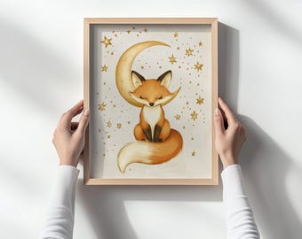 Vintage Fox Moon Nursery Wall Art, Digital Printable, Starry Night Fox Illustration, Whimsical Animal Print, Baby Room Decor