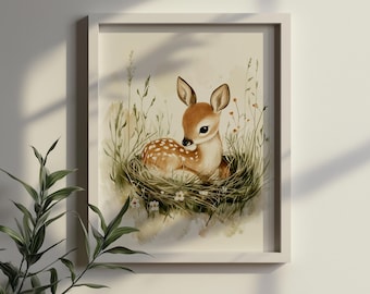 Vintage Deer Nursery Wall Art, Baby Fawn Print, Woodland Animal Illustration, Digital Printable, Forest Theme, Rustic Nursery Decor