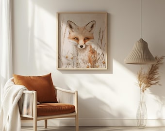 Vintage Fox Wall Art, Woodland Animal Illustration, Floral Fox Printable, Rustic Wildlife Nursery Print, Digital Download, Cottagecore Decor