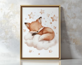 Vintage Fox Nursery Wall Art | Watercolor Sleeping Fox Print | Woodland Animal Digital Download | Baby Room Decor | Cute Nursery Printable