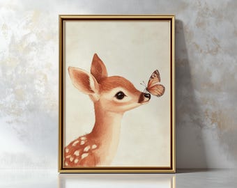 Vintage Deer Butterfly Print, Woodland Fawn Nursery Art, Nature Animal Illustration, Digital Printable, Rustic Forest Wall Decor