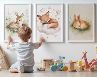 Animal Nursery Art Bundle | Cute Bunny, Fox & Deer Prints | Baby Room Decor | Digital Download | Kids Wall Art Set