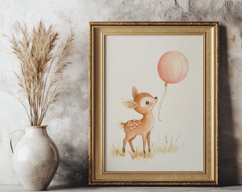 Vintage Deer Balloon Print, Woodland Fawn Nursery Art, Whimsical Animal Illustration, Digital Printable, Baby Room Wall Decor