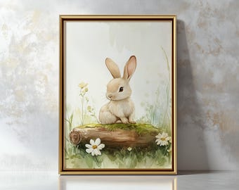 Vintage Woodland Bunny Wall Art, Forest Rabbit Printable, Baby Animal Nursery Print, Cute Bunny Digital Download, Cottagecore Woodland Decor
