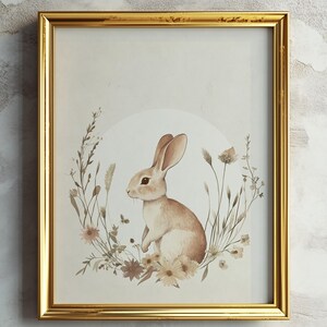 Vintage Bunny Nursery Wall Art, Woodland Rabbit Print, Floral Baby Animal Illustration, Digital Download, Cute Bunny Decor, Neutral Artwork